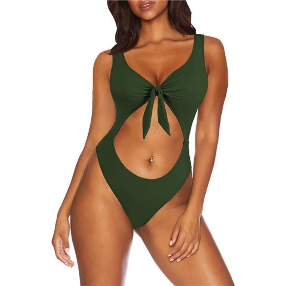Womens One Piece Bathing Suit V Neck Tie Knot Cut Out Backless Swimwear - Picture 5 of 5